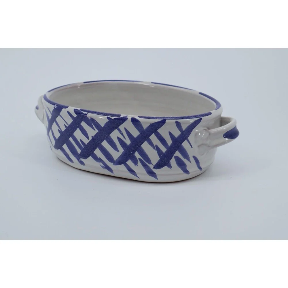 Signed Studio Pottery Oval Baker Blue White Crosshatch Ceramic Dish 1970s